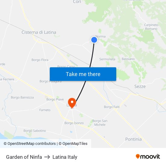 Garden of Ninfa to Latina Italy map