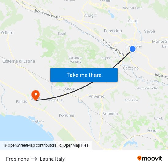 Frosinone to Latina Italy map