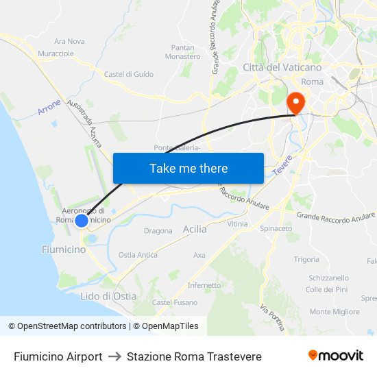 Fiumicino Airport to Stazione Roma Trastevere map