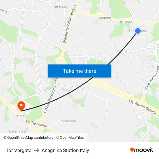Tor Vergata to Anagnina Station Italy map