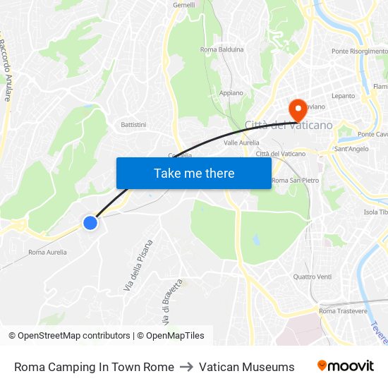 Roma Camping In Town Rome to Vatican Museums map