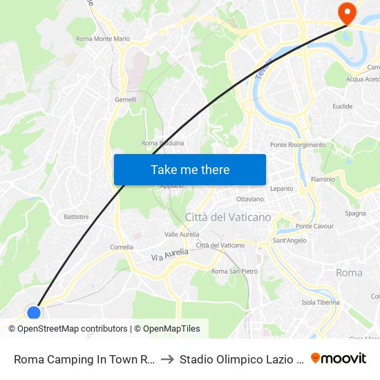 Roma Camping In Town Rome to Stadio Olimpico Lazio Italy map