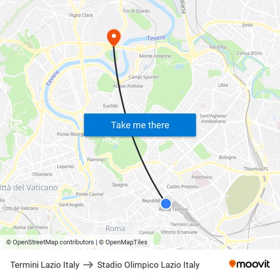 Termini Lazio Italy to Stadio Olimpico Lazio Italy map