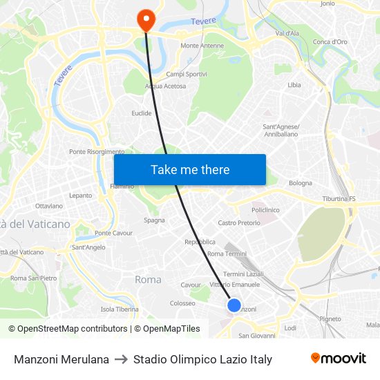 Manzoni Merulana to Stadio Olimpico Lazio Italy map