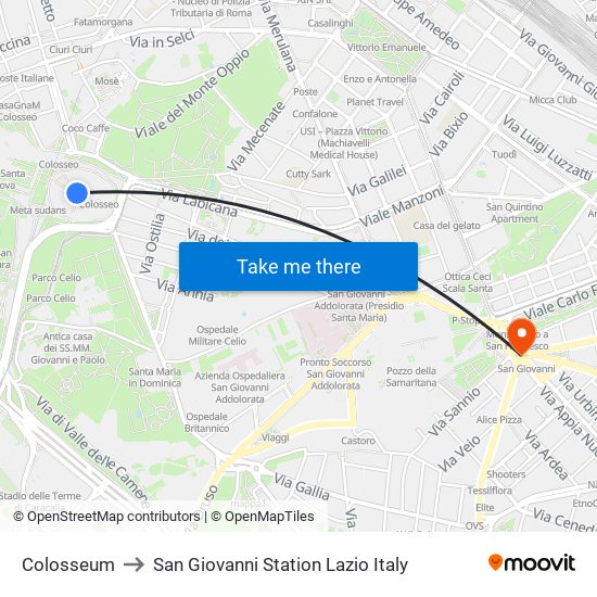 Colosseum to San Giovanni Station Lazio Italy map