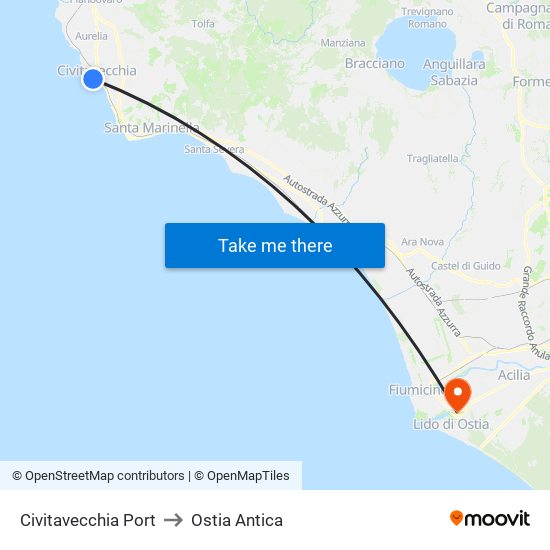 Civitavecchia Port to Ostia Antica map