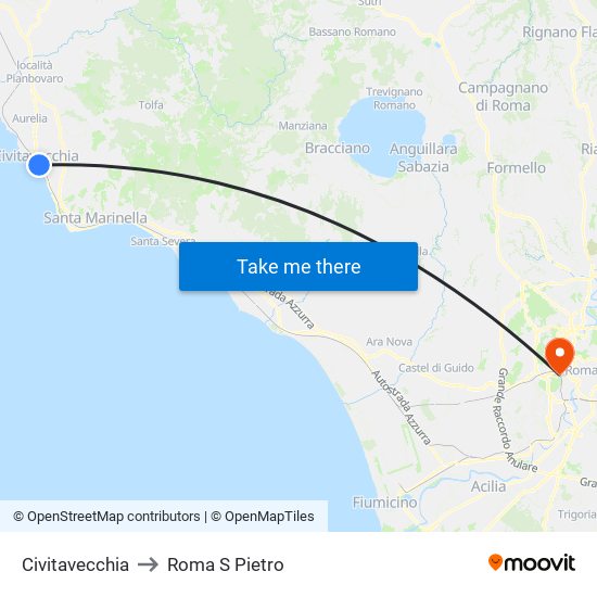 Civitavecchia to Roma S Pietro map