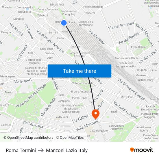 Roma Termini to Manzoni Lazio Italy map