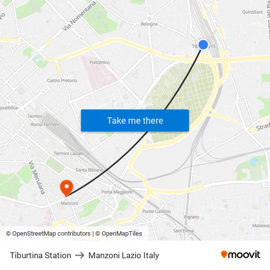 Tiburtina Station to Manzoni Lazio Italy map