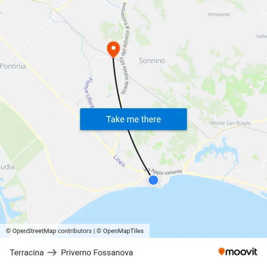 Terracina to Priverno Fossanova map