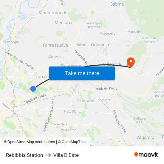 Rebibbia Station to Villa D Este map