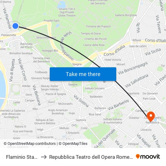 Flaminio Station to Repubblica Teatro dell Opera Rome Metro map
