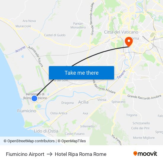 Fiumicino Airport to Hotel Ripa Roma Rome map