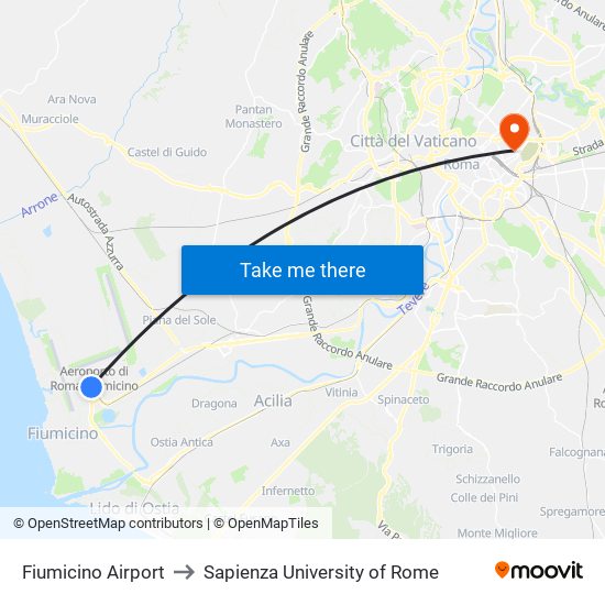 Fiumicino Airport to Sapienza University of Rome map