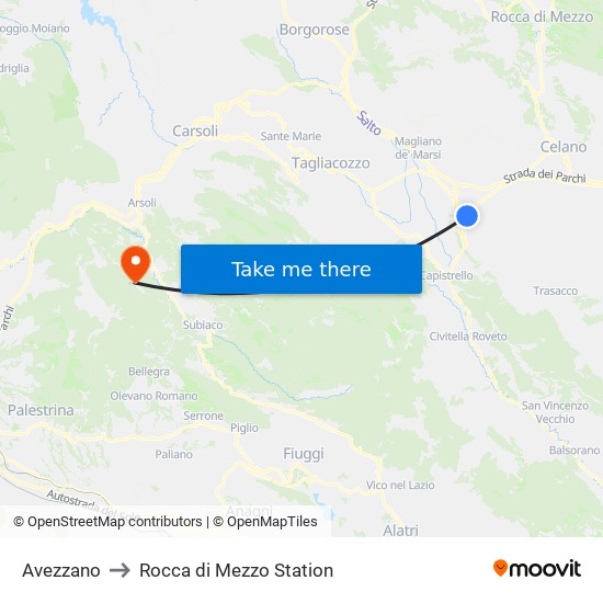 Avezzano to Rocca di Mezzo Station map