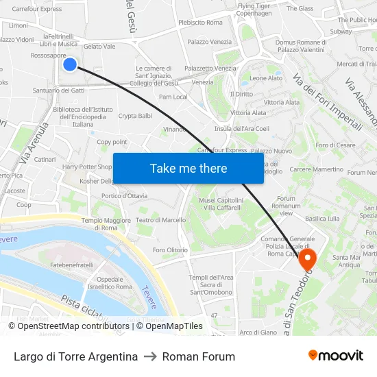 Largo di Torre Argentina to Roman Forum map