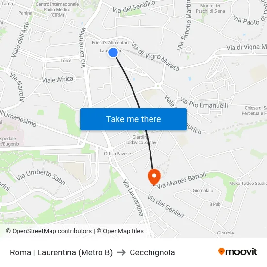 Roma | Laurentina (Metro B) to Cecchignola map