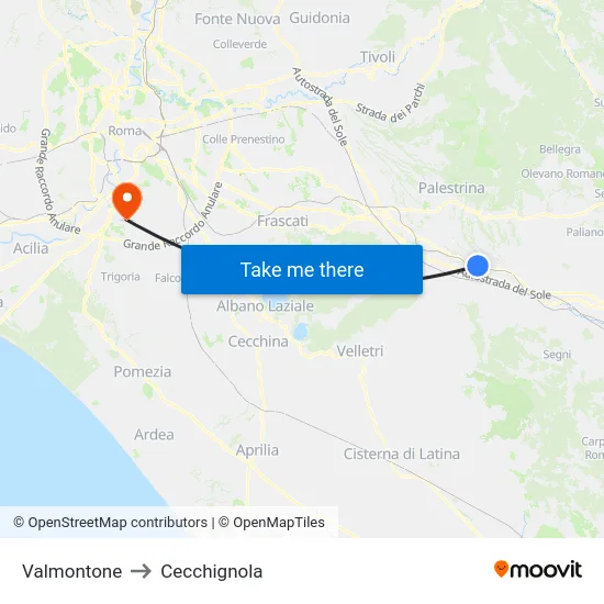 Valmontone to Cecchignola map