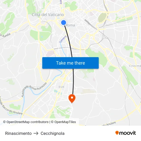 Rinascimento to Cecchignola map