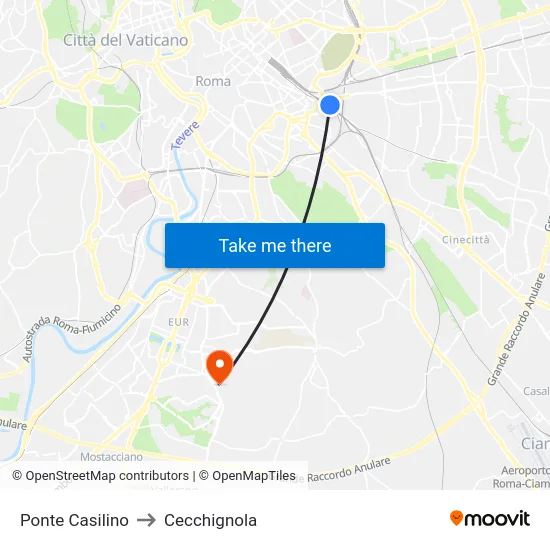 Ponte Casilino to Cecchignola map