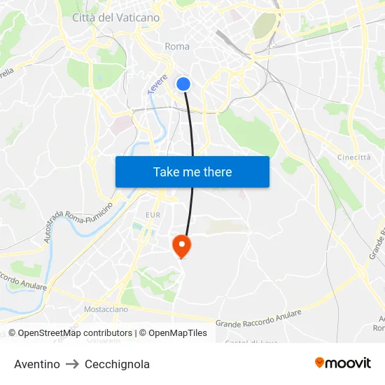 Aventino to Cecchignola map