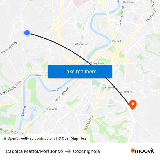 Casetta Mattei/Portuense to Cecchignola map