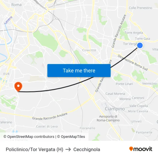 Policlinico/Tor Vergata (H) to Cecchignola map