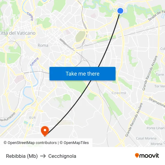 Rebibbia (Mb) to Cecchignola map
