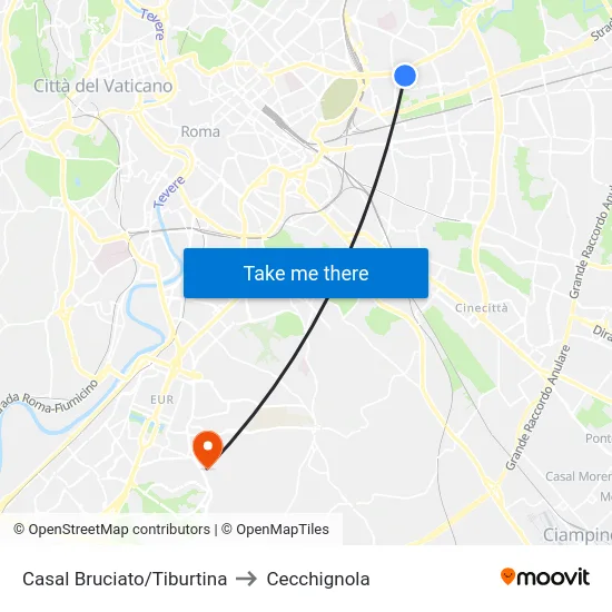 Casal Bruciato/Tiburtina to Cecchignola map