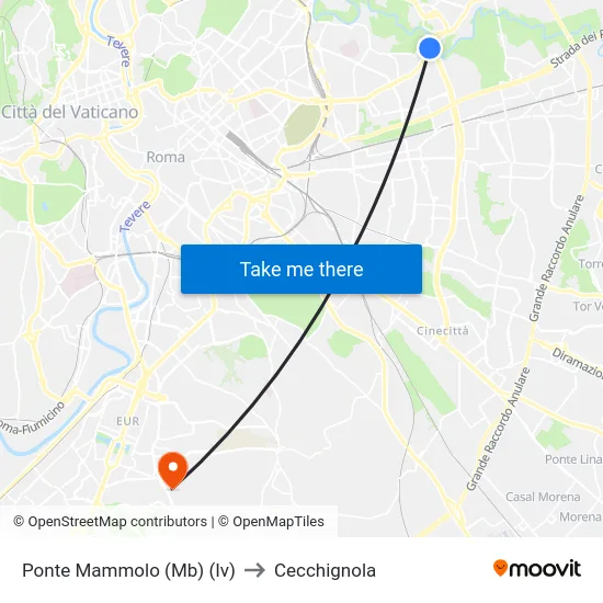 Ponte Mammolo (Mb) (Iv) to Cecchignola map