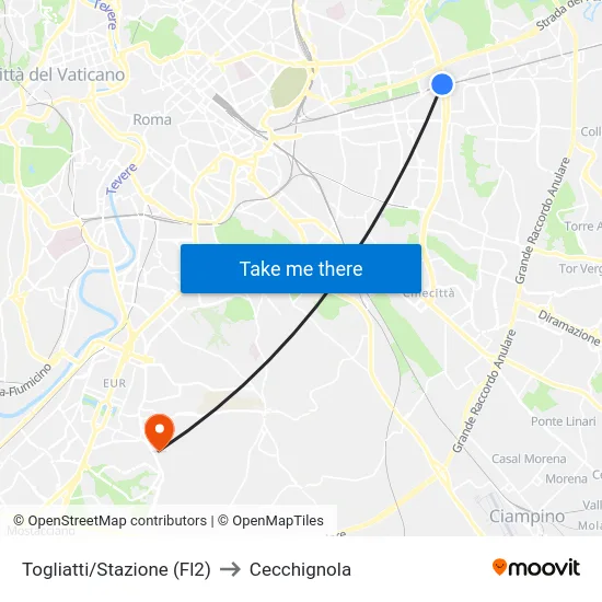 Togliatti/Stazione (Fl2) to Cecchignola map