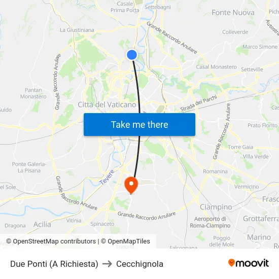 Due Ponti (A Richiesta) to Cecchignola map