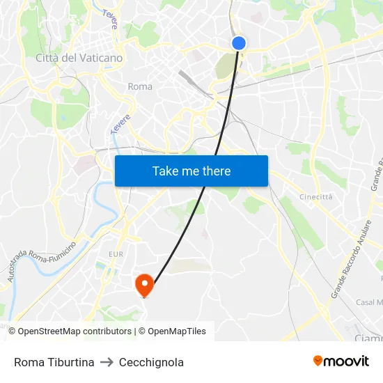 Roma Tiburtina to Cecchignola map