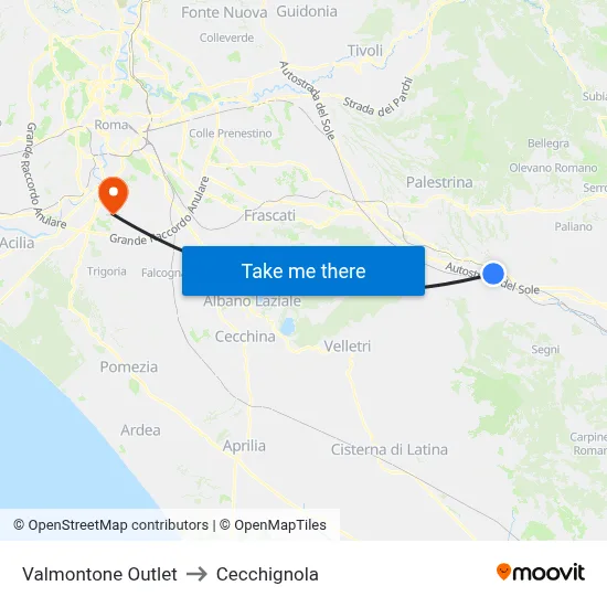 Valmontone Outlet to Cecchignola map