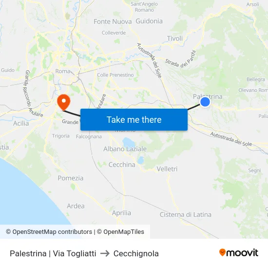 Palestrina | Via Togliatti to Cecchignola map