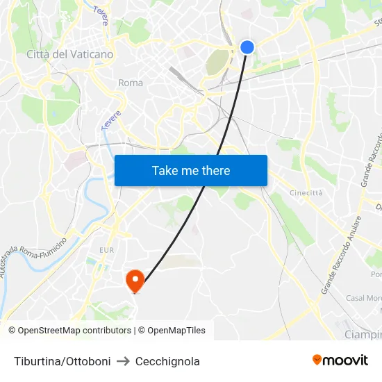 Tiburtina/Ottoboni to Cecchignola map
