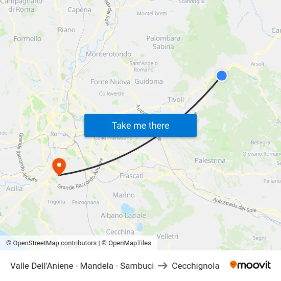 Valle Dell'Aniene - Mandela - Sambuci to Cecchignola map