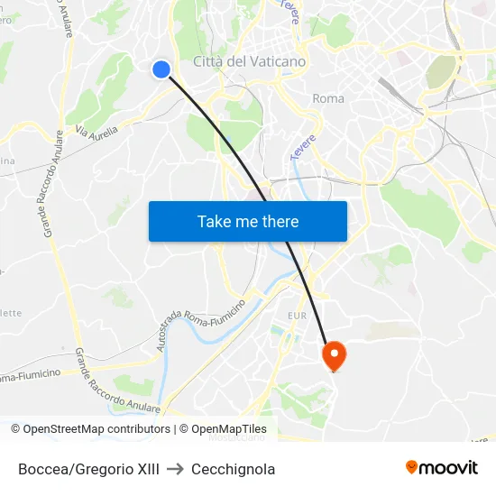 Boccea/Gregorio XIII to Cecchignola map