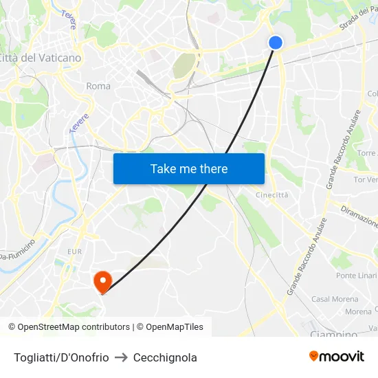 Togliatti/D'Onofrio to Cecchignola map