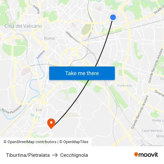 Tiburtina/Pietralata to Cecchignola map