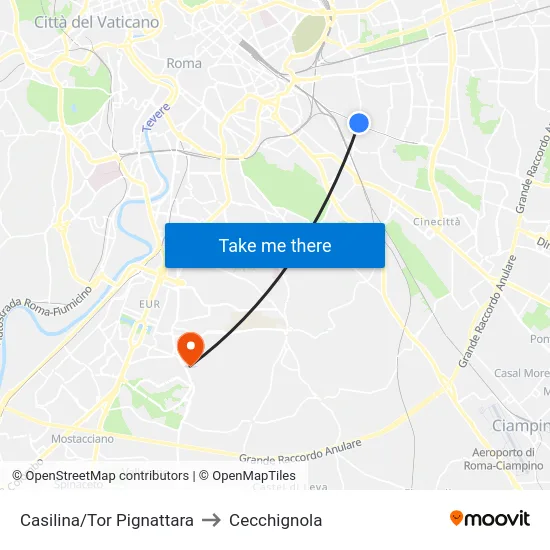Casilina/Tor Pignattara to Cecchignola map