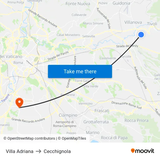 Villa Adriana to Cecchignola map