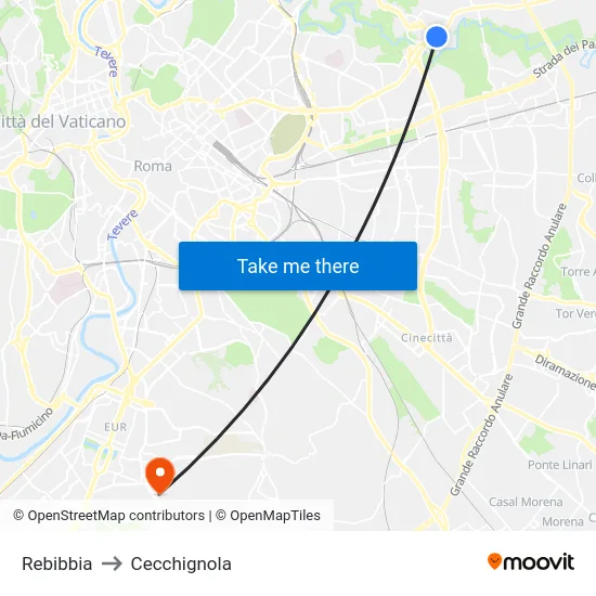 Rebibbia to Cecchignola map
