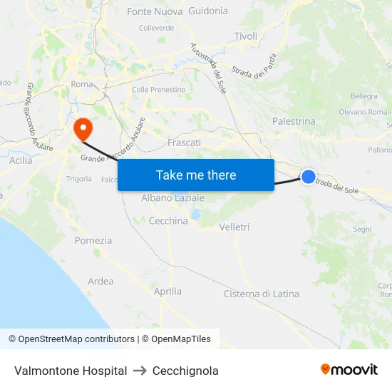 Valmontone Hospital to Cecchignola map