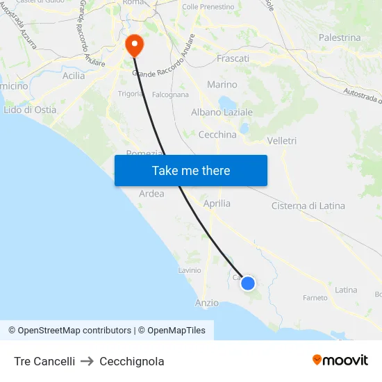 Tre Cancelli to Cecchignola map
