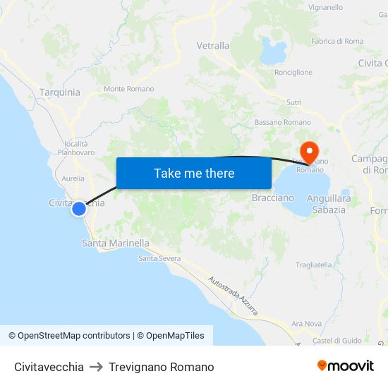Civitavecchia to Trevignano Romano map