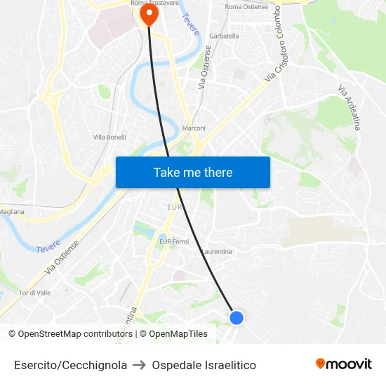 Esercito/Cecchignola to Ospedale Israelitico map