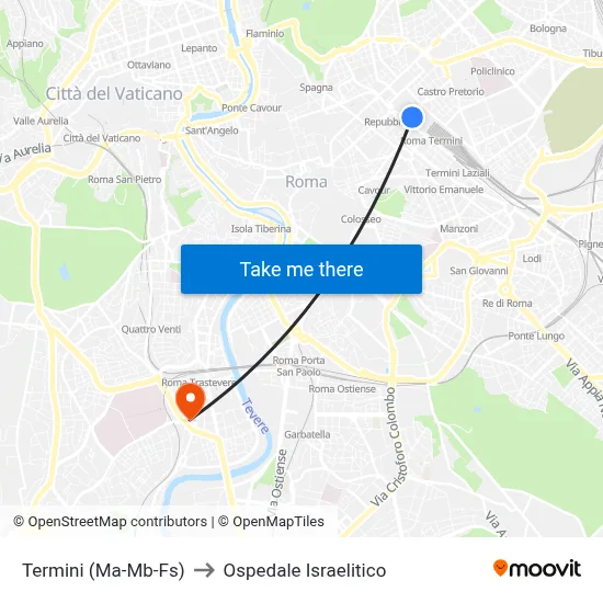 Termini (Metro A-Metro B-Railway) to Israelitic Hospital map