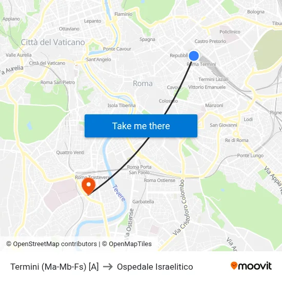 Termini Station (Lines MA-MB-FS) [A] to Israelitic Hospital map