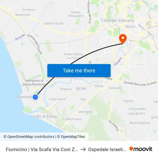 Fiumicino | Scafa Street Coni Zugna Street to Israelitic Hospital map